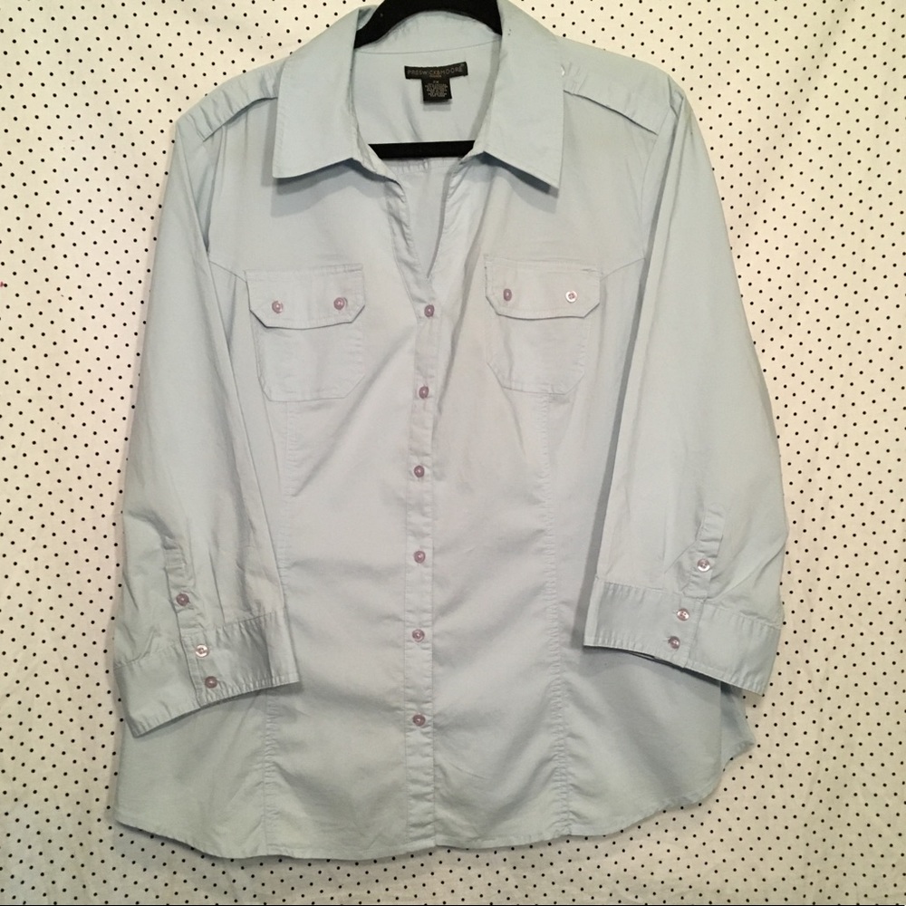 Blue Button Down 3/4 Sleeve Cotton Stretch Top - Picture 1 of 5